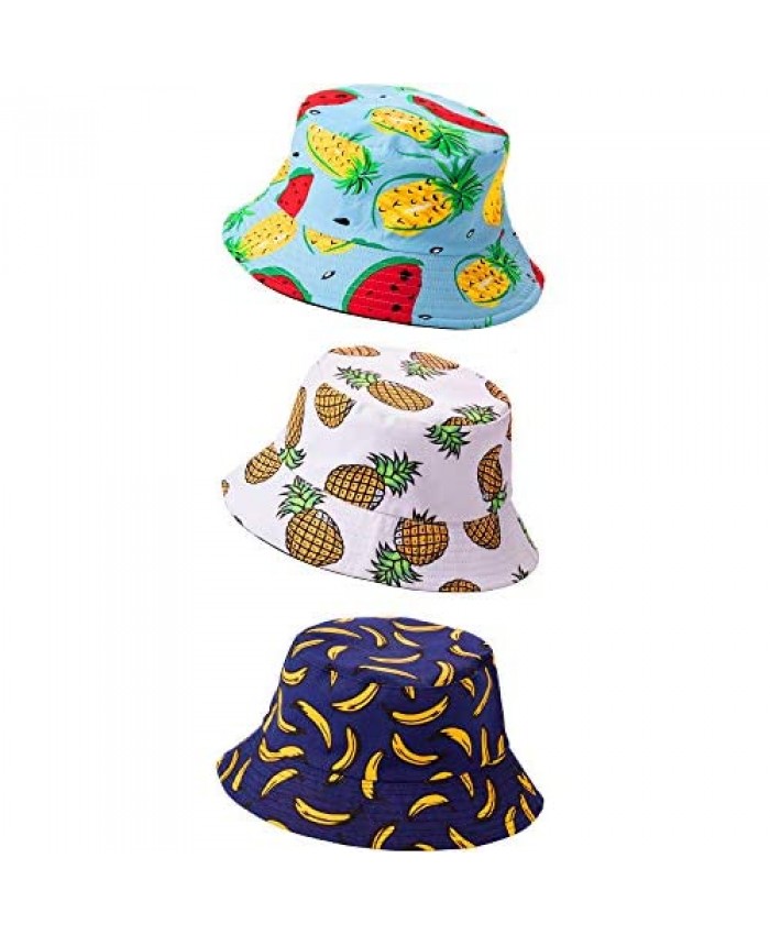3 Pieces Unisex Fruits Print Bucket Hat Summer Fisherman Cap Reversible Outdoor Sun Hat