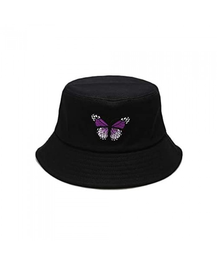 Avilego Unisex Fashion Butterfly Embroidered Bucket Hat Summer Fisherman Cap for Men Women Teens Purple