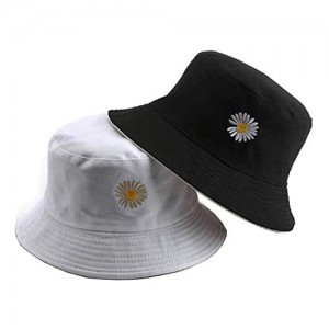 Flower Embroidery Bucket-Hat Summer Travel Bucket Beach Sun-Hat Reversible Vistor Outdoor Cap