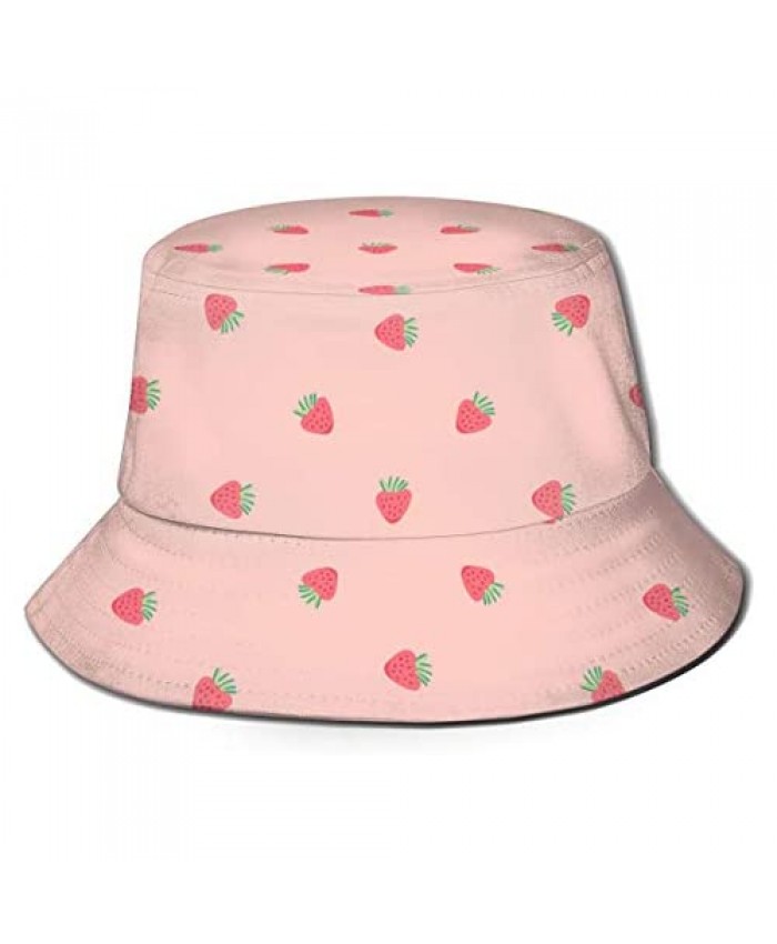 Pink Strawberry Background Unisex Bucket Hat Reversible Fisherman Hat Plant Printed Solid Color Outdoor Sun Hat Packable
