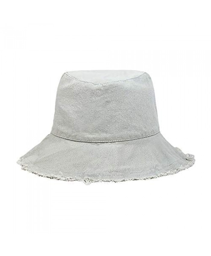 Surkat Unisex Frayed Washed Bucket Hat Foldable Cotton Fisherman Cap Brim Visors Sun Hat