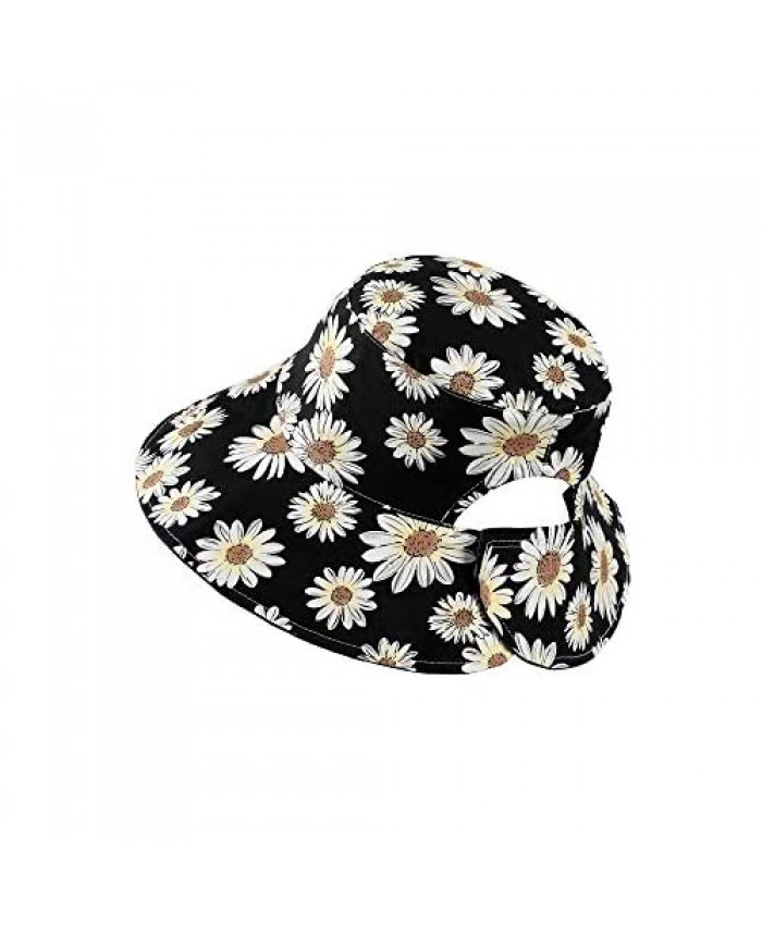 Womens Reversible Bucket Hat Girls Cute Floral Printed Summer Sun Hats Ponytail Beach hat for Women