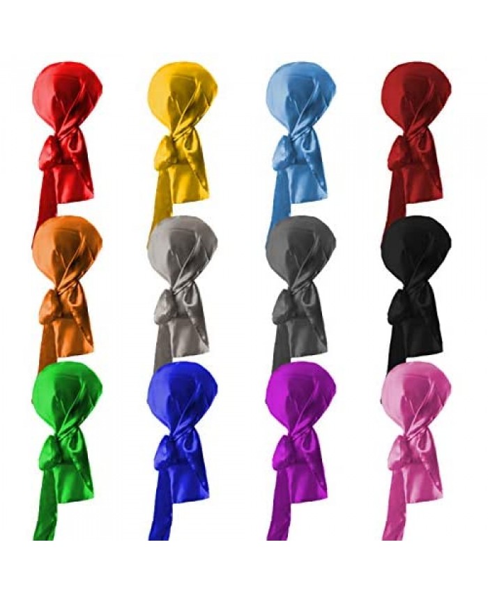 12 Colors Silky Durags Caps Long Tail Headscarf Elastic Silky Caps Soft Durag Headwraps Elastic Silk Round Turban for Men and Women for 360 Waves