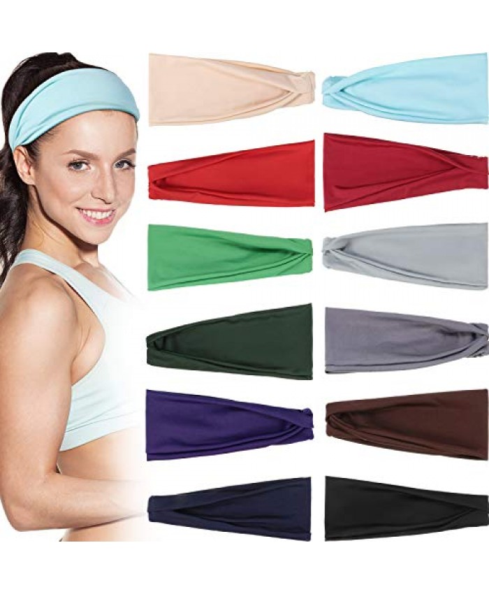 12 Pieces Yoga Headbands for Women and Men Summer Sports Running Fitness Head Wraps Headbands Solid Color Headband Stretchy Wicking Hair Bands