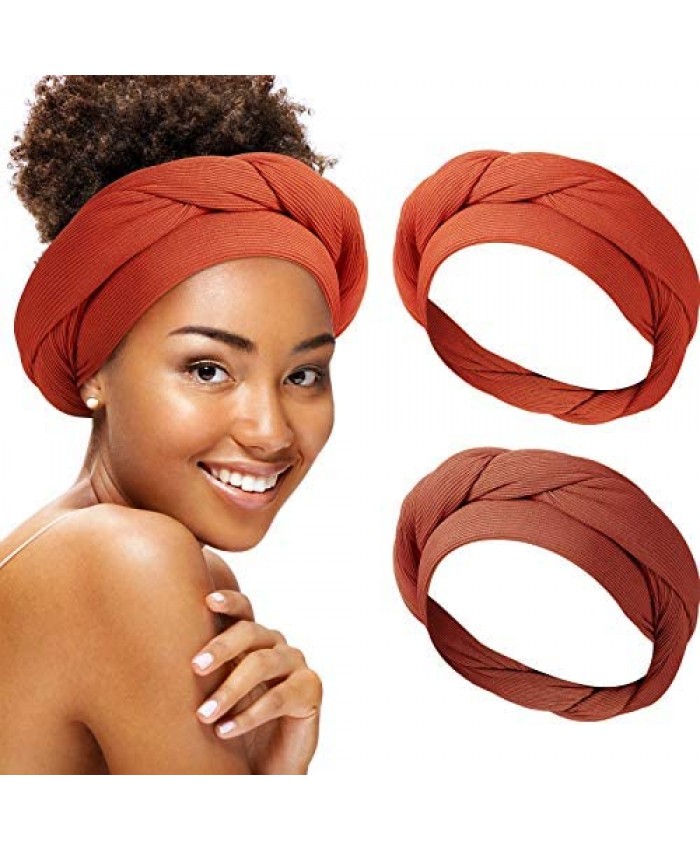 2 Pieces Ribbed Stretch Head Wrap Solid Colors Women Head Wrap Hair Scarf Turban Soft Stretch Tie African Hijab Headwear Knit Jersey Headwrap for Women Girls