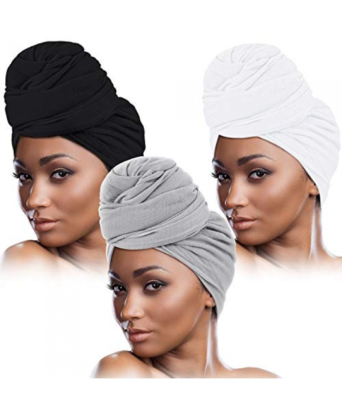 3 Pieces Women Stretch Head Wrap Scarf Stretchy Turban Long Hair Scarf Wrap Solid Color Soft Head Band Tie (Black Gray White)