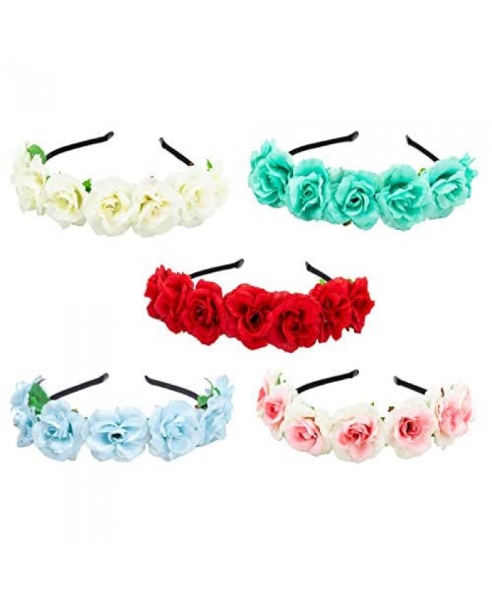 5 PCS Fabric Flower Headband Crown Boho Floral Wreath Headdress for Travel（BFG16-5B）