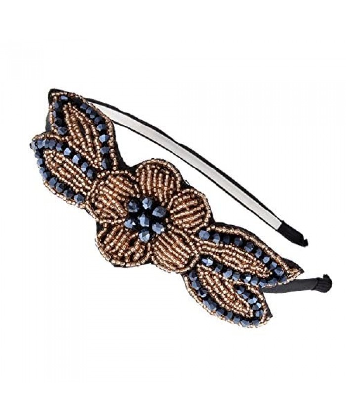 Alilang Vintage Floral Flapper Beaded Hair Piece Gold Blue Headband Gatsby Costume Accessory