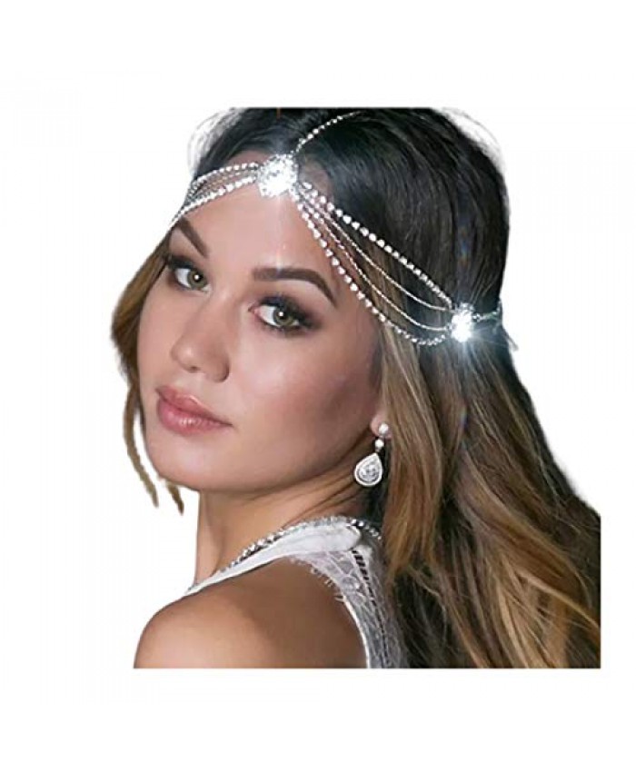 deladola Fashion Layered Head Chain Silver Crystal Pendant Headpiece Multilayer Rhinestone Beach Party Hair Accessories Jewelry for Women and Girls