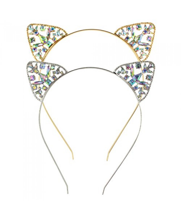DRESHOW Cat Ears Headband Rhinestone Hair Hoop Women Girls Party Decoration Cosplay Hair Accessories 2 Pack