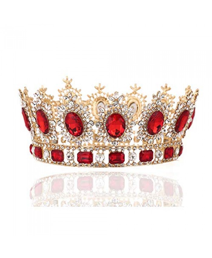 Earofcorn Bride King Size Crown Pageant Crowns Princess Tiara Retro Round Full Crown Bride Hair Accessories (Red) …