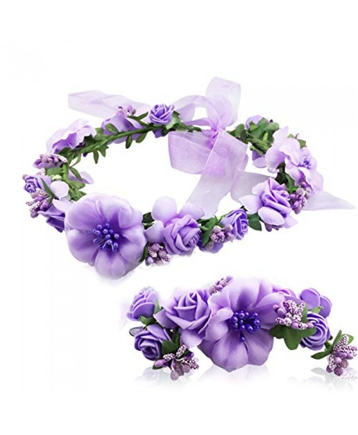 Flower Crown Headband Garland Wrist Band Wedding Hair Wreath Women Girl Purple
