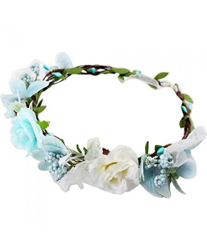 Flower Crown White Blue Girls - Floral Headband Headpiece Wreath Womens - Artificial Silk Roses Wedding Bridal Boho Kids Toddler