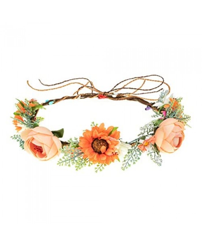 Funsveta Adjustable Boho Flower Headband Hair Wreath Floral Garland Crown Halo Headpiece with Ribbon Wedding Festival Party