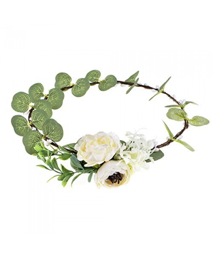 Love Sweety Greenery Flower Crown Eucalyptus Leaf Headband Rose Bridal Headpiece (Side Flower Ivory)