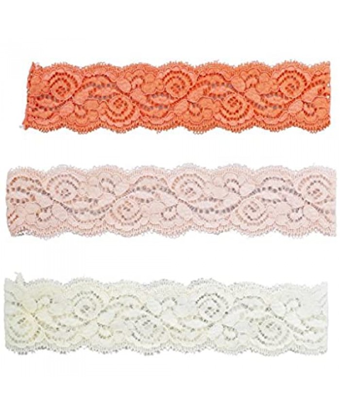 Lux Accessories Orange Pink and Ivory Lace Applique Stretch Headband Pack (3pc)
