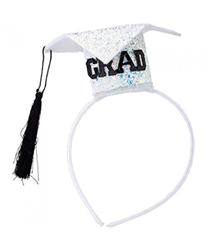 Lux Accessories Tiny Glittery Graduation Cap with Black Tassel Fabric White Headband