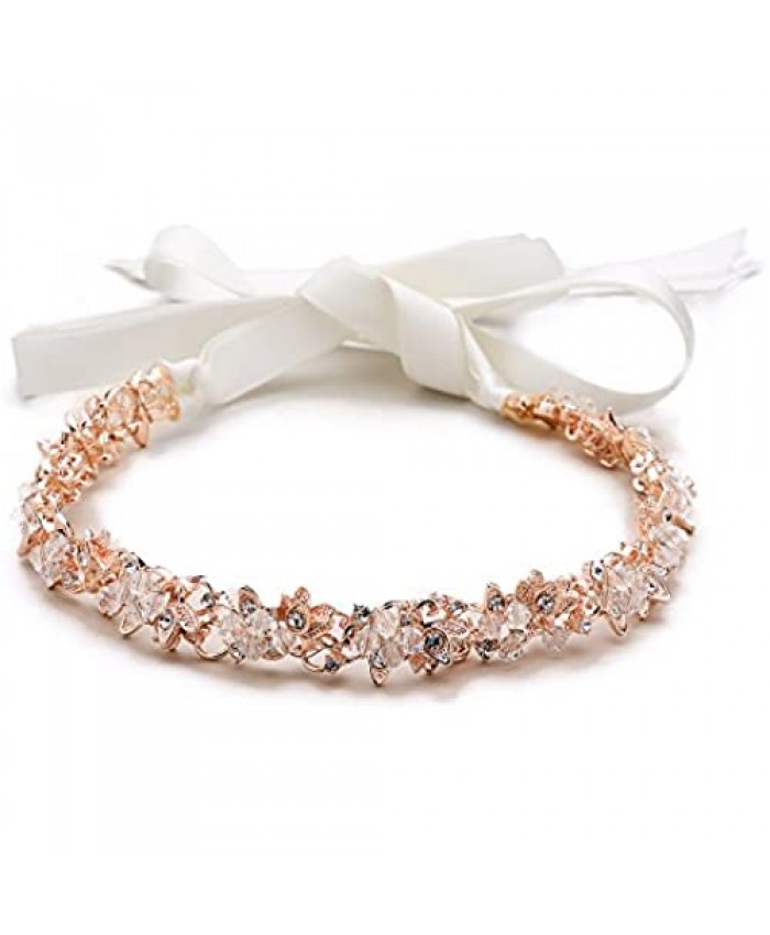 Mariell Blush Rose Gold Crystal Cluster Bridal Wedding Headband Hair Vine with Ribbon