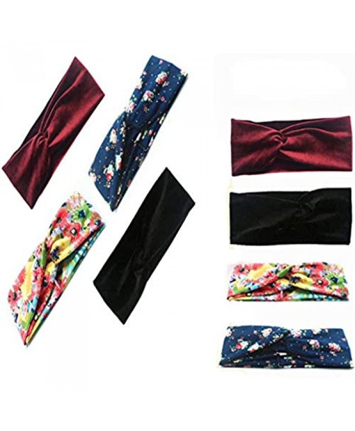 None/Brand 4 Pack Bandanas Criss Cross Headband Boho Floal Style and Solid Color Head Wrap Hair Band for Men and Women