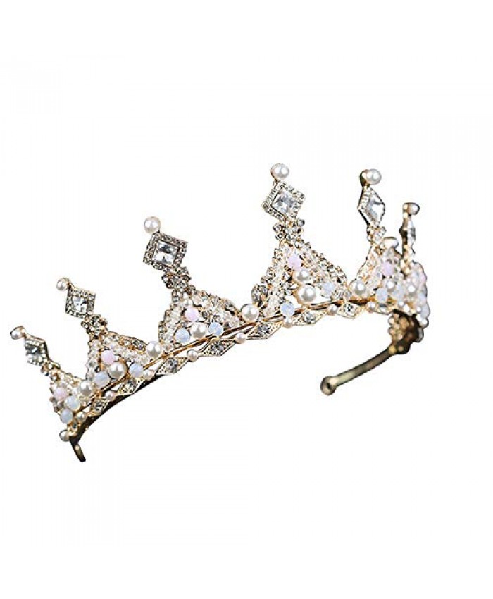 Orinbeauty Gold Crystal Tiara Princess Pearl Crown Headband for Women Bridal Wedding Girls Prom Birthday Party Gift