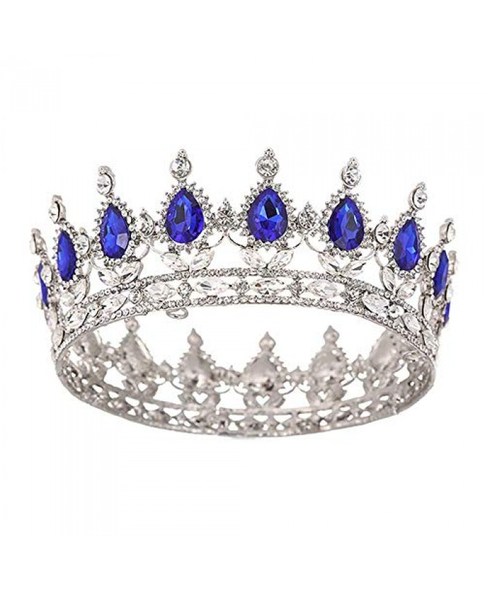 QIDIAN Bride Water Droplets Full Crown Pageant Crowns Princess Tiara Retro Round Crown Bride Hair Accessories (Blue)