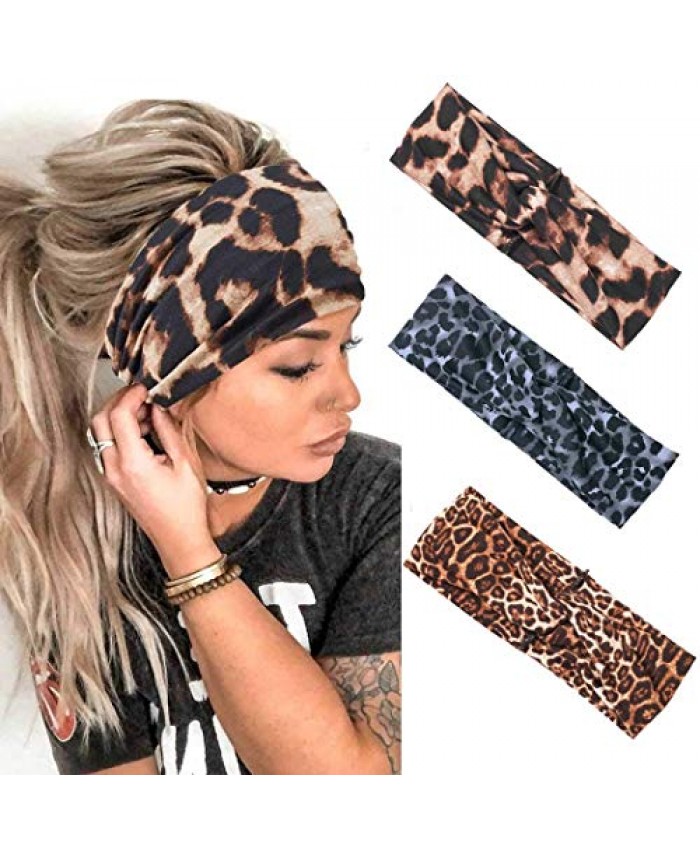 Relbcy Boho Leopard Criss Cross Headbands Brown Elastic Hair Bands Yoga Head Wraps Fashion Head Scarfs for Women and Girls (Type A)