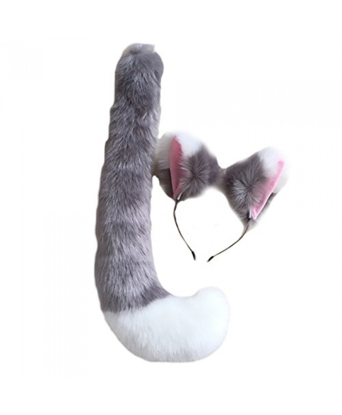 Song Qing Party Cosplay Costume Cat Fox Ears Faux Fur Hair Hoop Headband + Tail Set Grey White Women: One Size
