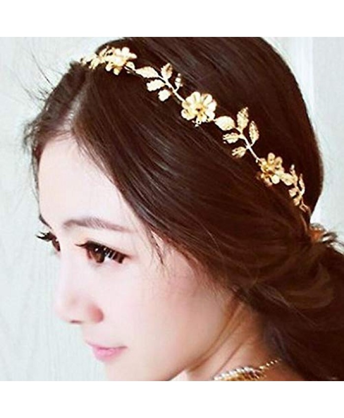 TseanYi Boho Head Chain Headband Gold Leaf Flower Headchain Glitter Rhinestone Headpieces Wedding Hair Accessories for Women and Girls