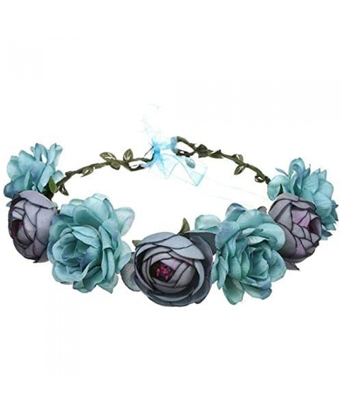 Women Rose Floral Crown Hair Wreath Leave Flower Headband with Adjustable Ribbon