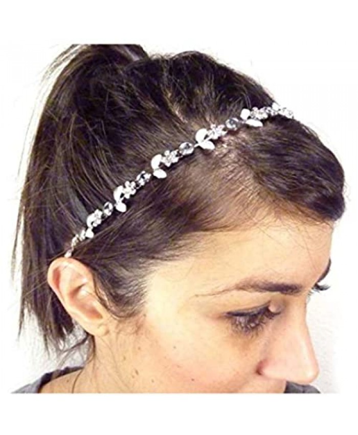 Yalice Elastic Flower Head Chain Silver Leaf Headband Crystal Headpieces Halloween Hair Acessories for Women and Girls