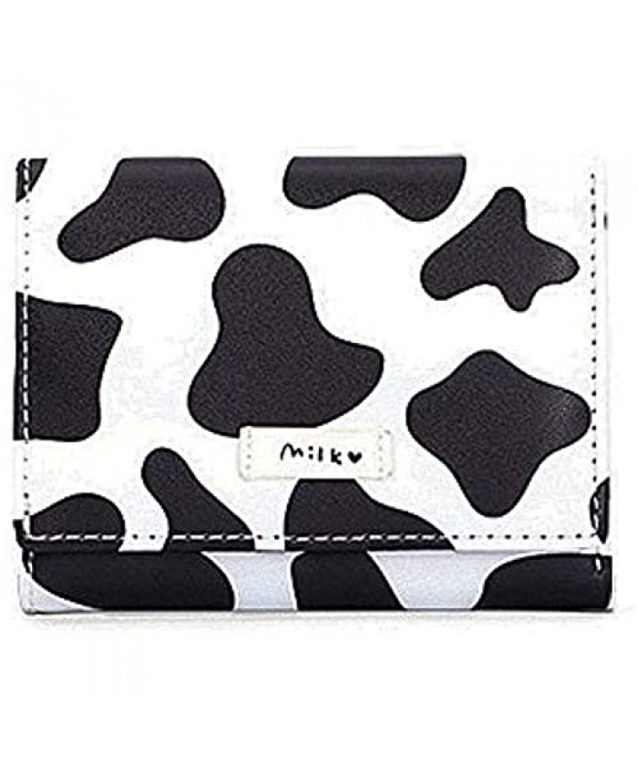 Girls Cute Cow Print Tri-folded Wallet Small Wallet Cash Pocket Card Holder ID Window Purse for Teen Women(BLACK WHITE)