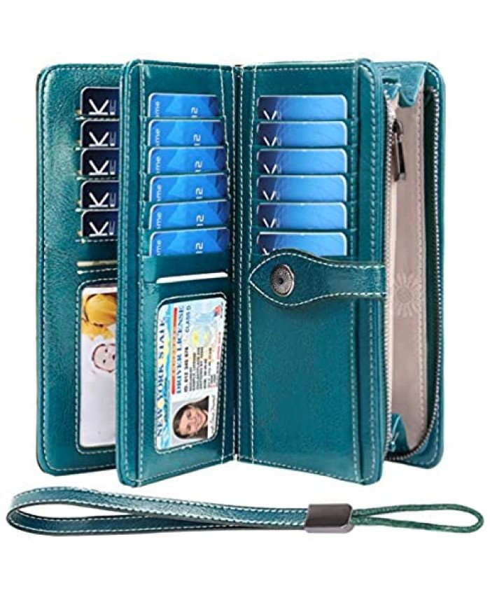 HUANLANG Women Wallets Large Ladies Leather Wallet with Coin Pocket RFID Wallet Organizer for Women with Wrist Strap (Blue)