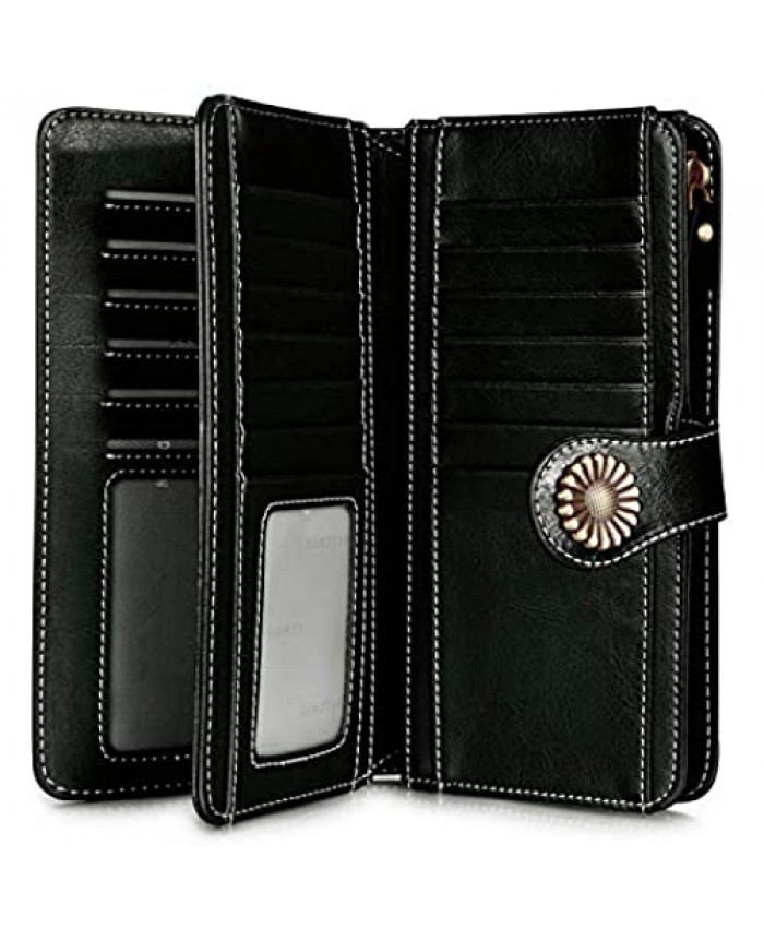 KELEEL Women's RFID Blocking Wallet Genuine Leather Clutch Wallet Card Holder Organizer Ladies Purse (Black)