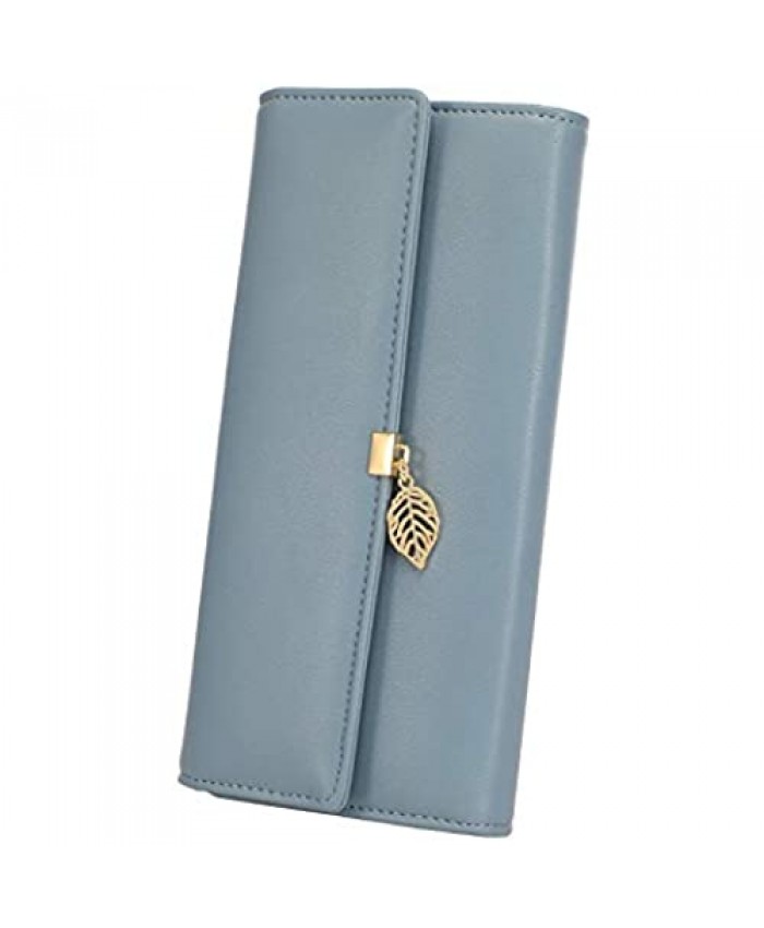 Loiral Womens Wallet with Glod Leaf Pendant RFID Blocking Credit Card Clutch Zipper Pocket Faux Leather