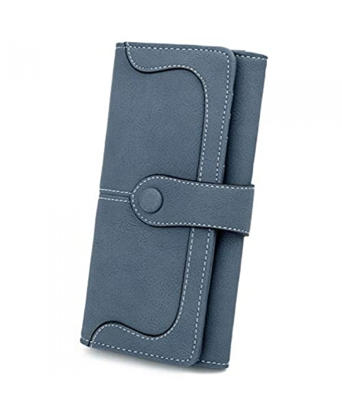 UTO RFID Wallet for Women Vegan Leather 18 Card Slots Card Holder Long Bifold Checkbook 5.5" Phone Blocking Tech Wallet New Blue
