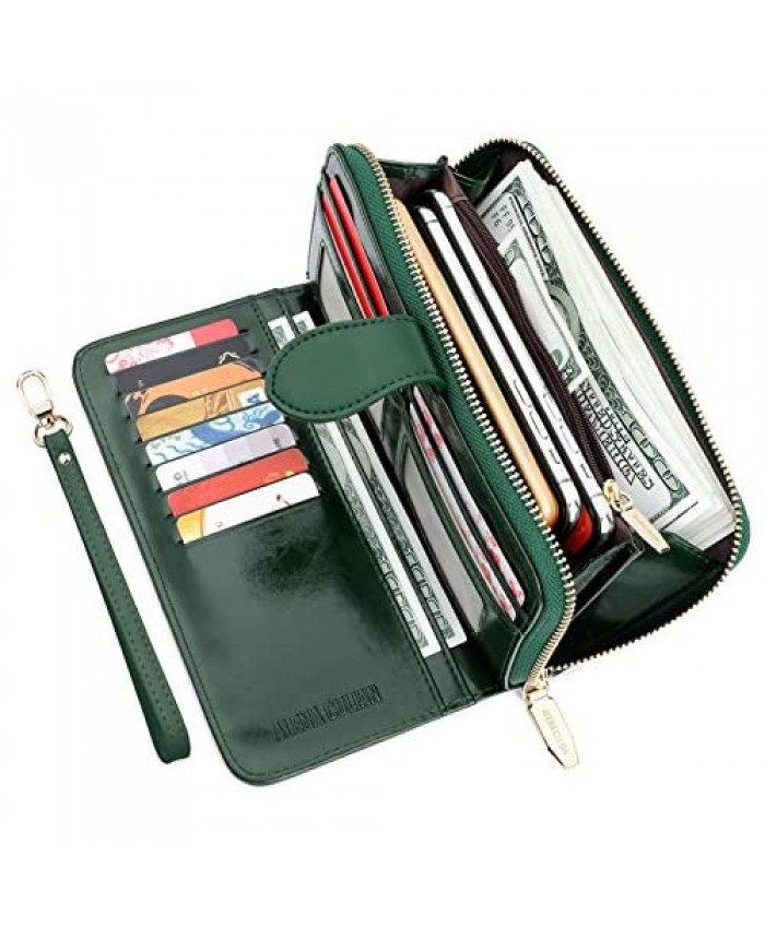 Women Wallet RFID Blocking Leather Bifold Clutch Wallet Large Capacity Long Purse with Strap