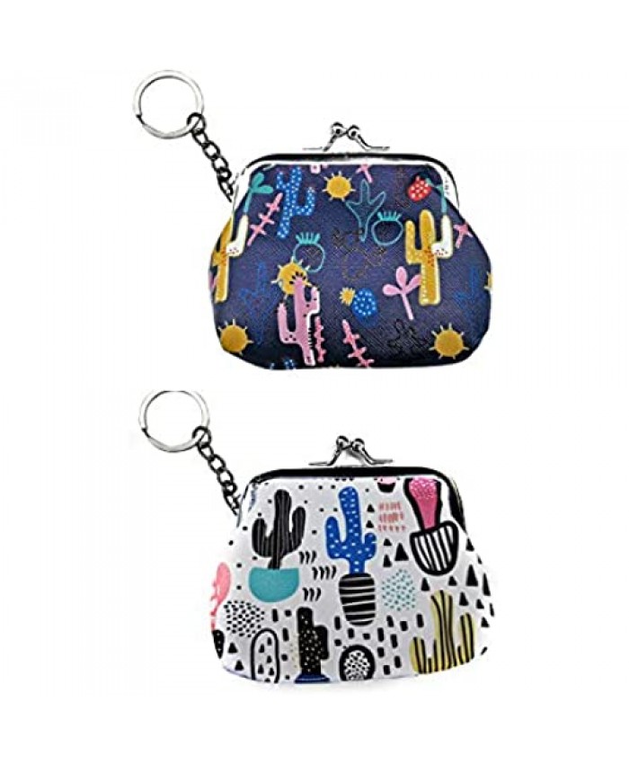 2-Pack Coin Purse Kiss-lock Clasp Keychain Wallet Mini Pouch Key Bag for Women Gifts (Funky Cactus & Midnight Blue)