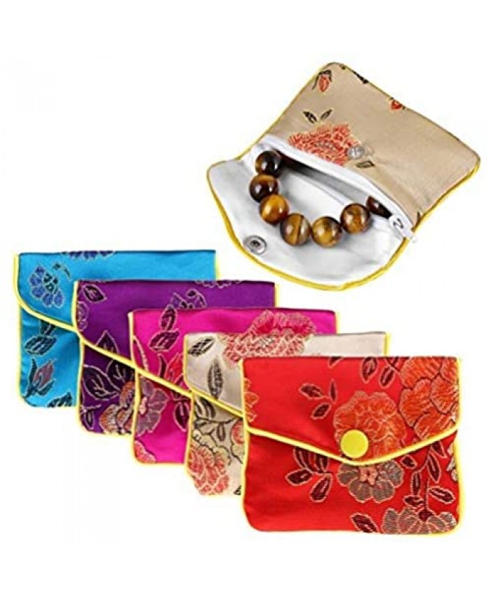 30Pcs Embroidered Silk Jewelry Pouch Chinese Brocade Coin Purse Organizers Pocket Zipper Snap Jewelry Pouch Gift Bags for Women Girls 5 Colors