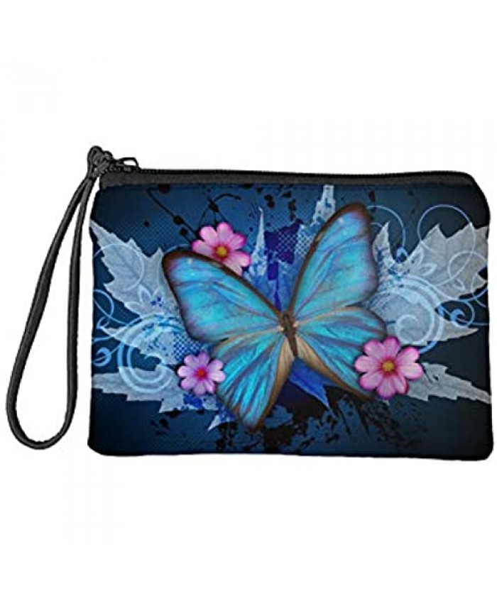 Babrukda Women Change Purse Coin Purse Vintage Blue Butterfly Maple Leaf Flower Wallet Bag with Wristlet Strap Zipper Change Pouch Small Toiletry Case 7"L x 5.5"W