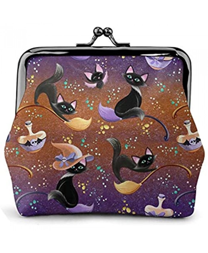 Black Cat Witch Broom Bat Halloween Girl Pouch Kiss-Lock Change Purse Wallets Buckle Leather Coin Purses Bag Key Woman Printed Vintage