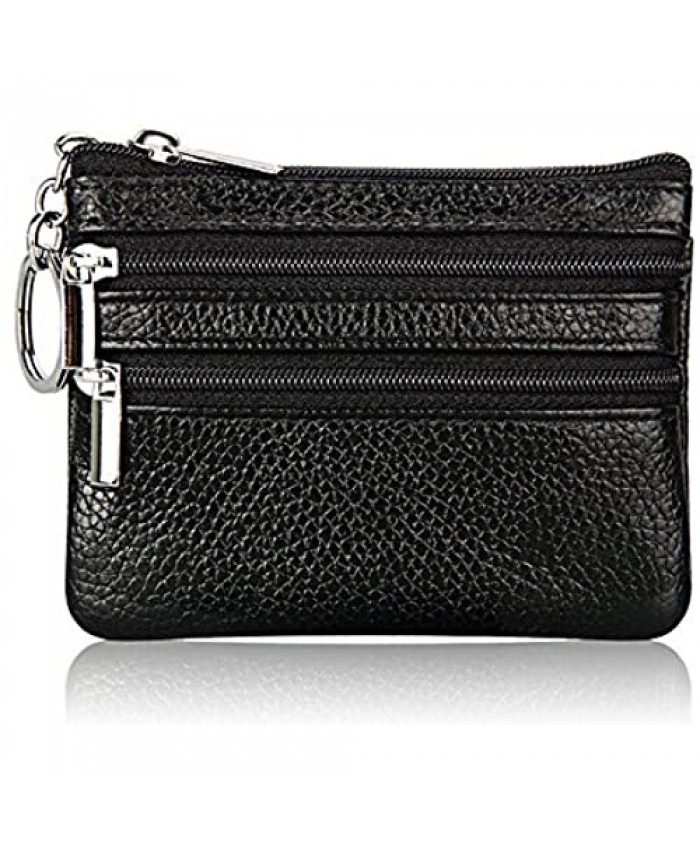 Boshiho Cowhide Leather Coin Purse Dual Zipper Change Holder Wallet w/Key Ring