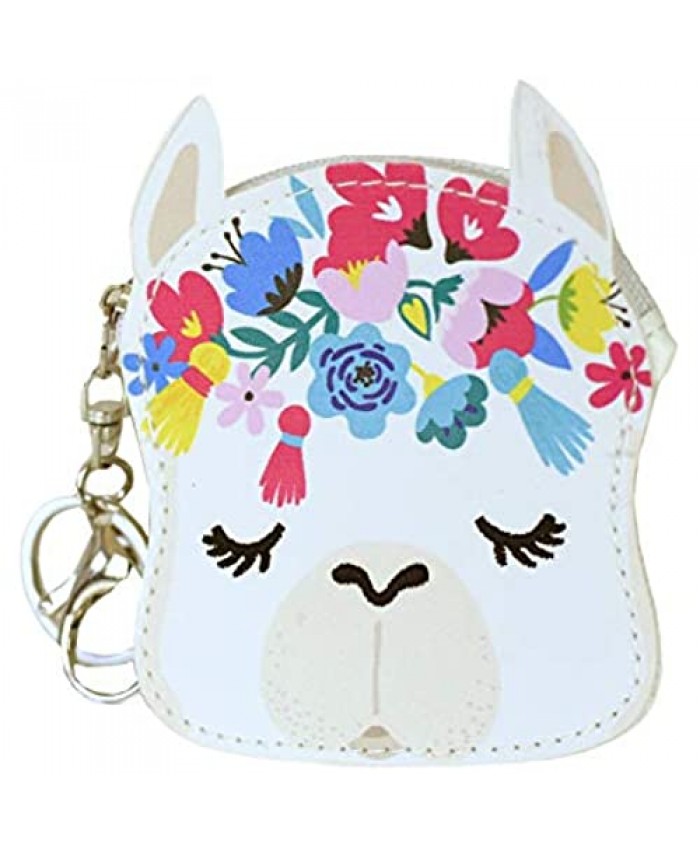 Cute Animal Vegan Leather Coin Purse Soft Change Pouch Cash Wallet with Zipper- Mini (White Floral No Prob- Llama)