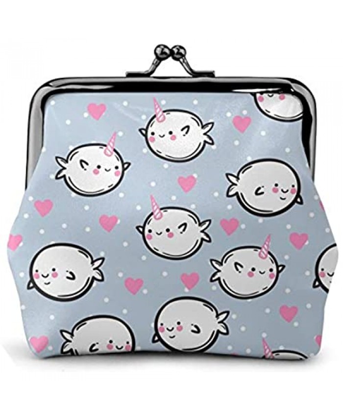 Cute Narwhal Dot Blue Heart Love Whale Unicorns Girl Pouch Kiss-Lock Change Purse Wallets Buckle Leather Coin Purses Bag Key Woman Printed Vintage