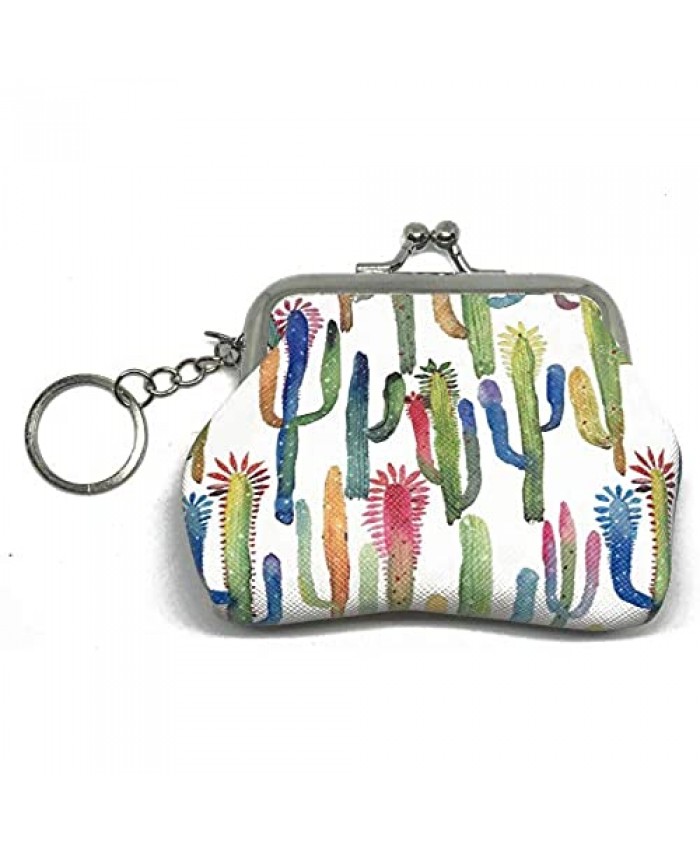 Cute Watercolor Cactus Coin Purse Kiss-lock Clasp Keychain Wallet Mini Pouch Key Bag for Women Gifts