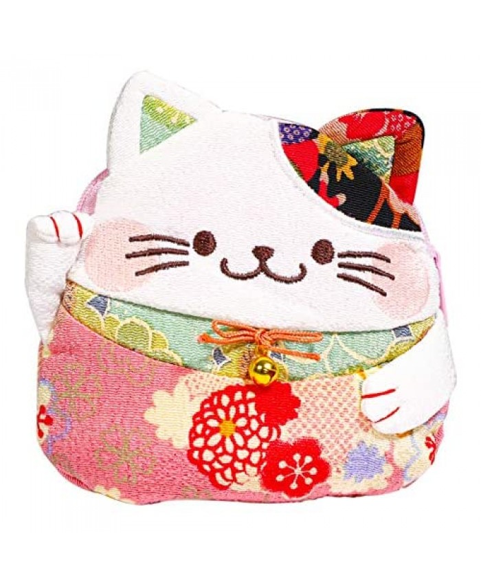 FLUFFY SENSE. Japanese Style Cute Change Purse Coin Wallet Key Holder Kimono Fabric Maneki Neko Lucky Cat