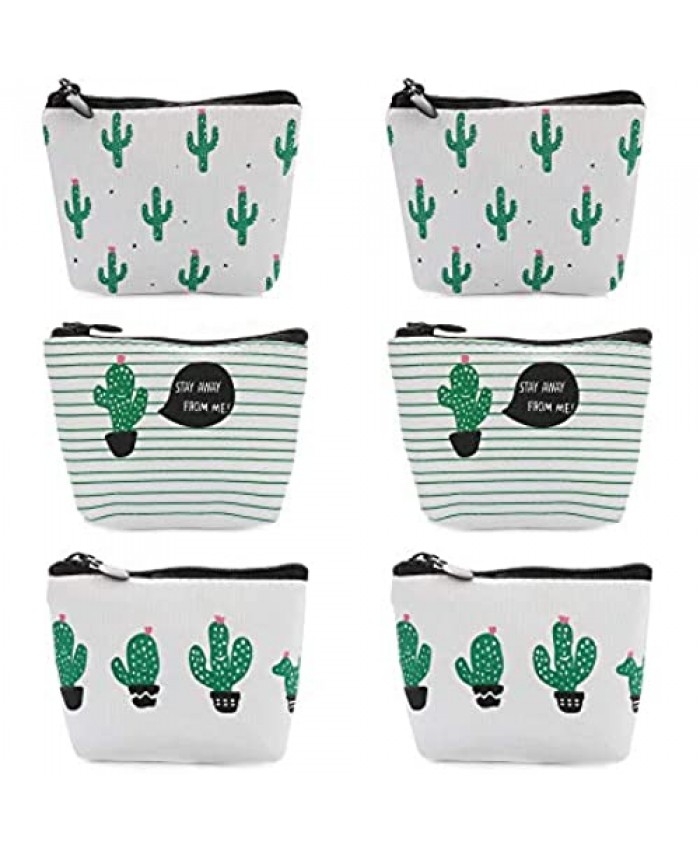 Grature 6 Pcs Cactus Small Canvas Bags Set in 3 Different Designs for Makeup Pouches Coin Purse Stationery Bag