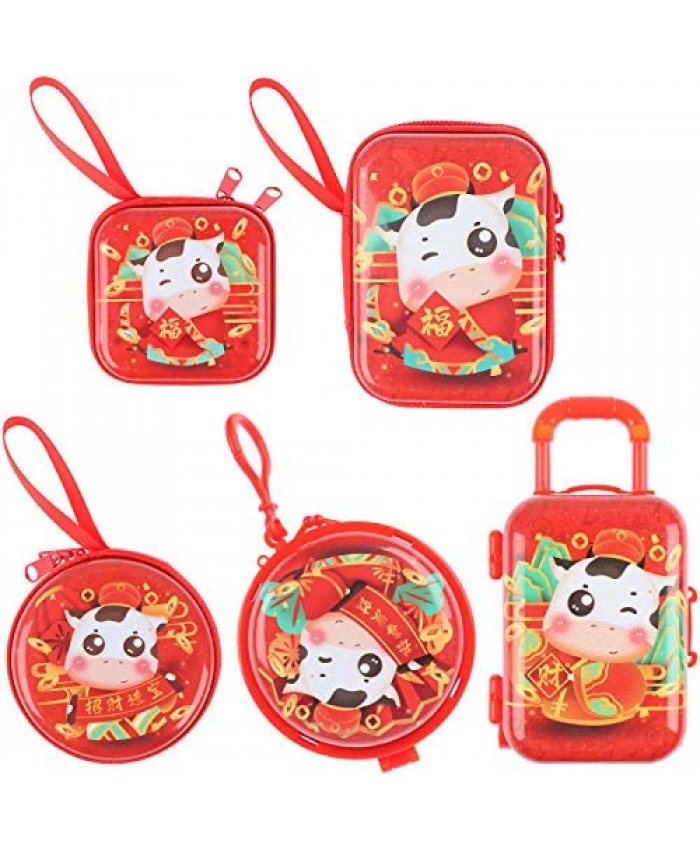 Ioffersuper 5Pcs Ox Year Coin Wallets Purse Bag Coin Money Pouch Red Bags Cow Cattle Multifunction Gift Box for 2021 Chinese Ox New Year Spring Festival Zodiac Souvenir Gift 5 Styles
