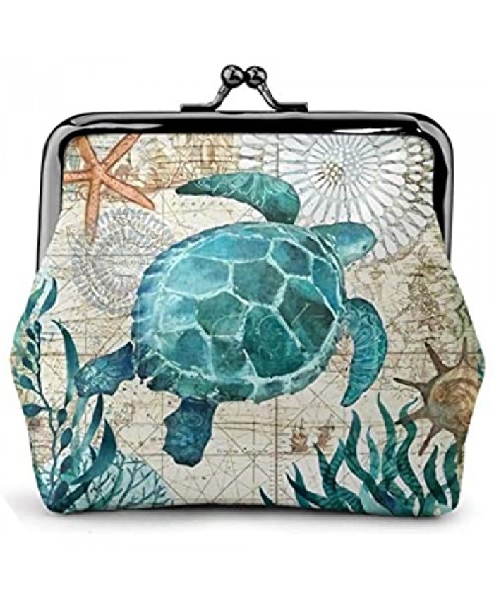 Marine Life Theme Sea Turtle Women'S Wallet Buckle Coin Purses Cute Pouch Kiss-lock Change Purse Travel Makeup