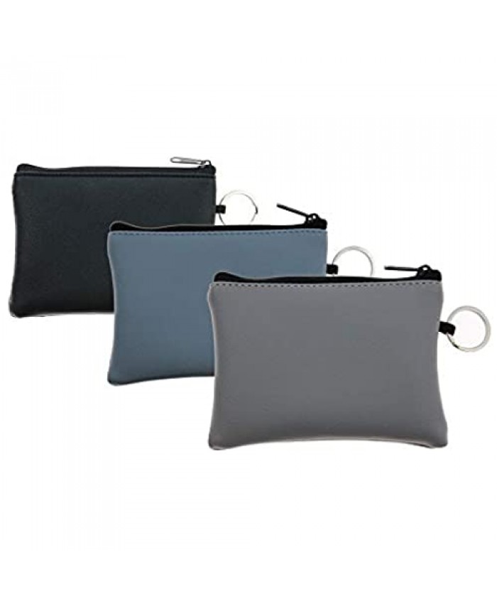(Pack of 3) Leather Cute Coin Purse Zipper Change Pouch with Key Rings Slim Pocket Wallet for Women