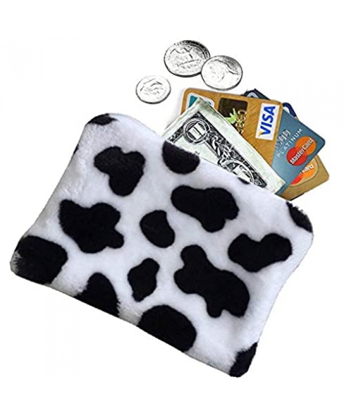 Plush Coin Purses Soft Fluffy Coin Bags with Zippers Cute Change Purse Wallet for Kids Girls Women (Cow Pattern)